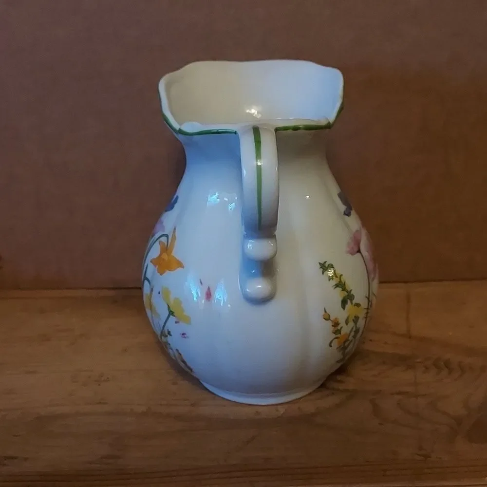 Floral Pitcher White with flowers Vintage green trim